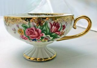 Royal Halsey Very Fine Pearl Luster Footed Tea Cup w Roses & Reticulated Saucer 2
