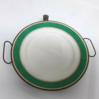 Victorian White & Green Ceramic Hot Water Warming Plate With Copper Base