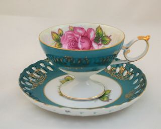 Royal Halsey England Tea Coffee Cup And Saucer Set Turquoise Flowers