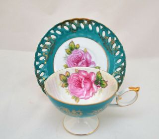 ROYAL HALSEY ENGLAND TEA COFFEE CUP AND SAUCER SET TURQUOISE FLOWERS 2