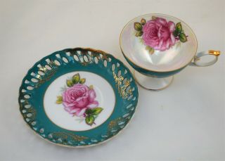 ROYAL HALSEY ENGLAND TEA COFFEE CUP AND SAUCER SET TURQUOISE FLOWERS 3