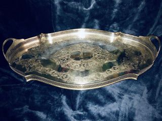 Antique Vintage Art Deco Chased Fret Silver Plate Footed Gallery Tray 23”