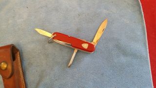 VINTAGE WENGER DELEMONT SWISS ARMY KNIFE WITH LEATHER SHEATH MULTI - TOOL SHIELD 2