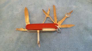 VINTAGE WENGER DELEMONT SWISS ARMY KNIFE WITH LEATHER SHEATH MULTI - TOOL SHIELD 4