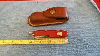VINTAGE WENGER DELEMONT SWISS ARMY KNIFE WITH LEATHER SHEATH MULTI - TOOL SHIELD 6