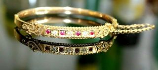 Antique Victorian 9ct Gold Bangle / Bracelet.  Diamonds & Garnets.