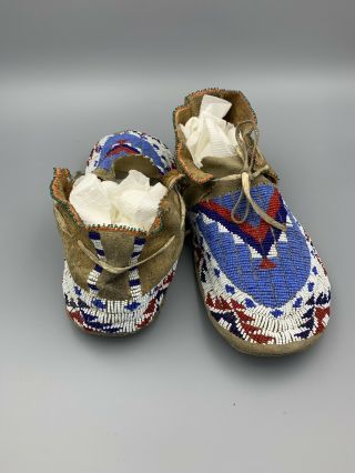 Antique Lakota Or Cheyenne Beaded Moccasins C.  1900 Tongues Sewn Later