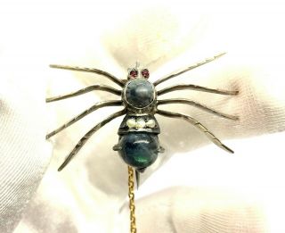 Antique Victorian Sterling Silver Labradorite Seed Pearl Ruby Spider Pin Brooch