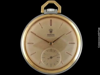 1960 ROLEX PRECISION Vintage Mens SS Steel & 18K Gold Pocket Watch - Minty 3