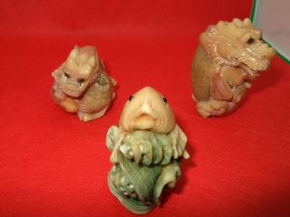 3 Oriental Carved Resin Netsuke Dragons,  Carp.  Vgc.  Japanese,