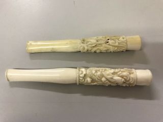 Two Antique Chinese Carved Bovine Bone Cigarette Holders / Hand - Carved