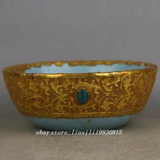 China Antique Porcelain Song Ru Kiln Sky Blue Glaze Gild Gold Gem Inlay Bowl A7