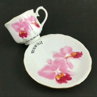 Vintage Hawaii Souvenir Teacup And Saucer Pink Hibiscus Flower Tajima China