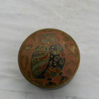 Rare Vintage 4 " Brass Owl Trinket Box Oriental Covered Dish Bowl Bureau Box Nr