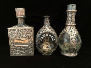Three Silver (950) Bamboo Overlay Glass Bottle Decanters 9 - 11 " Tall