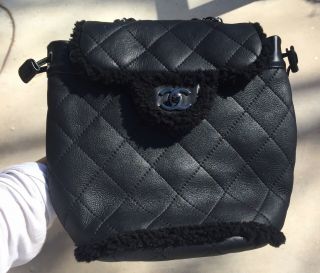 Authentic Chanel Black Shearling Lambskin Backpack Purse Bag Quilted Very Rare