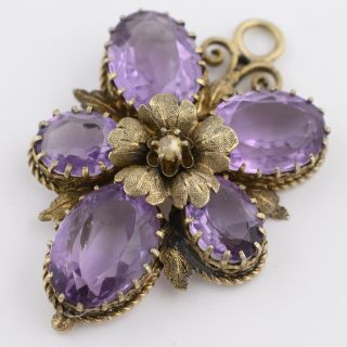 Antique Victorian Sterling Silver Natural Amethyst Pansy Flower Pendant