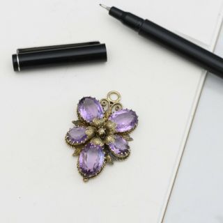 Antique Victorian Sterling Silver Natural Amethyst Pansy Flower Pendant 2
