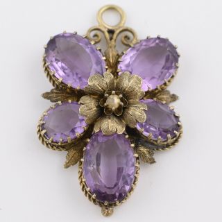 Antique Victorian Sterling Silver Natural Amethyst Pansy Flower Pendant 3