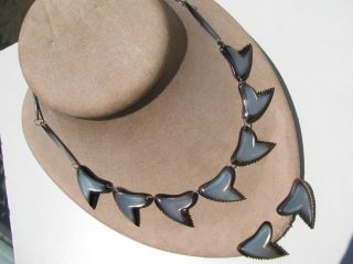 Vintage Rare Carved Black Grey Mother Of Pearl Shark Teeth Motif Demi Parure Set