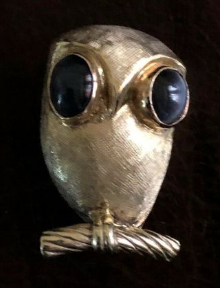 Owl Pendant Pin Brooch 14k Yellow Gold Gray Cats Eyes Retro Mid Century Vtg 8 G