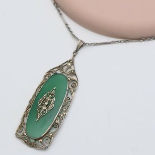Vtg Art Deco Sterling Silver Natural Chrysoprase Marcasite Pendant Necklace