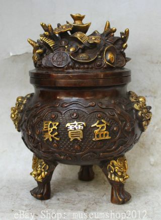 10 " Marked Chinese Bronze Gild Lion Head Treasure Bowl Incense Burner Censer