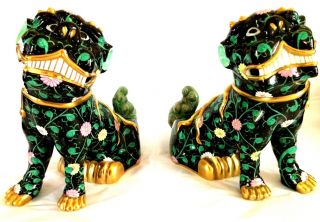 Herend Black Dynasty 2 Matching 10” Foo Dogs In Black & Green,  24k Gold Rare