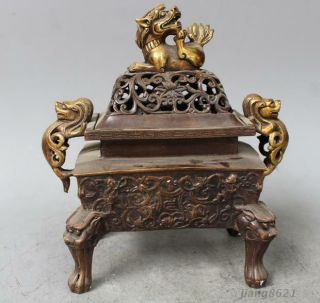 8 " Chinese Copper Gilt Dragon Lion Beast Incense Burner Statue