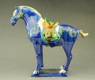 Rare Wonderful Magnificent China Tang Sancai Blue Glaze Pottery Horse Statue C02