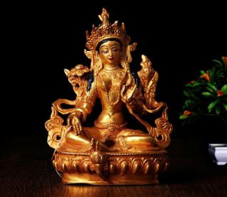 5 " Tibet Tibetan Buddhism Copper Gilt Hand Painting Green Tara Buddha Statue