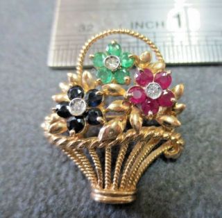 Vtg 14k Gold Basket Flower Brooch Pin Pendant Diamonds Sapphires Rubies Emeralds