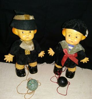 2 Vintage Hard Plastic Ramp Walker Dolls 6 1/4 " Weighted Ball & String 1940 