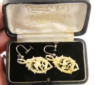 Antique Victorian Edwardian C 1900 Silver Boxed Carved Bird Design Earrings