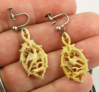 Antique Victorian Edwardian c 1900 silver boxed carved bird design earrings 3