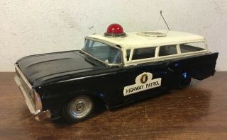 Vintage Tin Friction Highway Patrol Ford Fairlane Wagon W Light On Top Japan