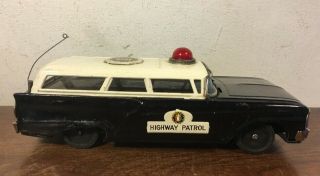 Vintage Tin Friction Highway Patrol Ford Fairlane Wagon W Light On Top Japan 4