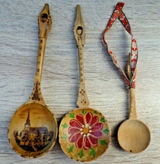 Vintage Swedish Folk Wooden Spoon Set Of 3 Handcarved Spoons Rustic Kitchen Deco