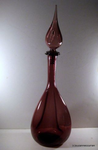 Vintage Mid Century Art Glass Purple Pinch Decanter With Flame Stopper 20 "