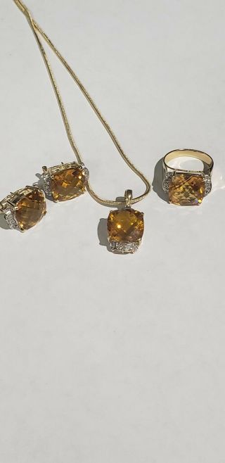Vintage 14k Gold Citrine And Diamond Set Earrings Necklace Ring