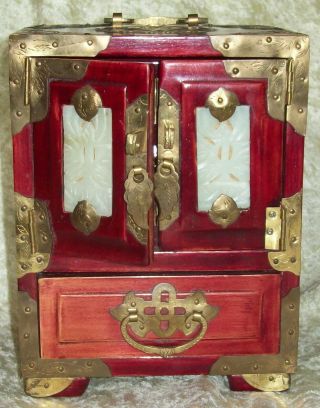 Chinese Red Lacquer,  Brass & Jade Lockable Jewellery Cabinet,  (qing Dynasty?)