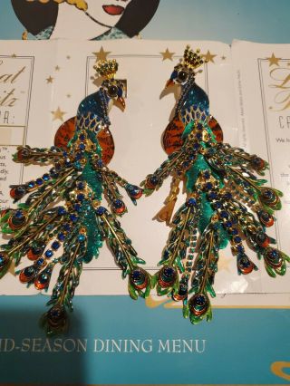 Lunch At The Ritz Peacock Colorful Couture Earrings Pretty Bold Huge Nwot