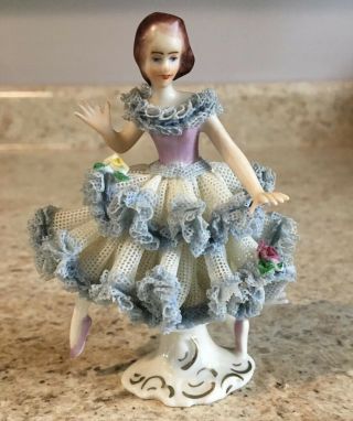 Antique Dresden Porcelain Lady Figurine Lace Dress,  Made In Germany