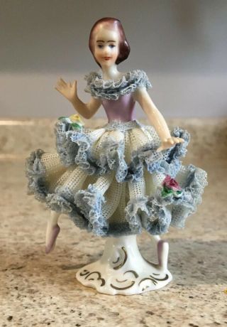 Antique Dresden Porcelain Lady Figurine Lace Dress,  Made In Germany 2