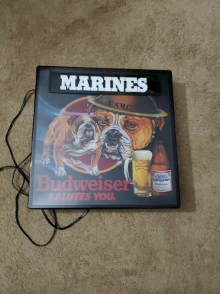 Vntg 1980s Budweiser Bud Beer U.  S.  M.  C Marines Bulldog In Motion Bar Light Sign