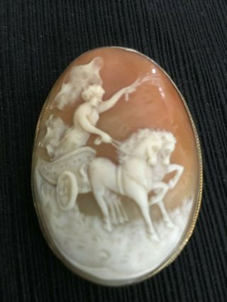 Antique Victorian Carved Cameo Pin - Classical Figure Riding Horse Drawn Chariot