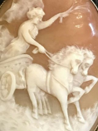Antique Victorian Carved Cameo Pin - Classical Figure Riding Horse Drawn Chariot 2
