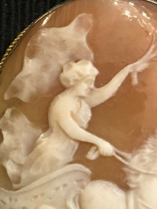 Antique Victorian Carved Cameo Pin - Classical Figure Riding Horse Drawn Chariot 3