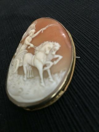 Antique Victorian Carved Cameo Pin - Classical Figure Riding Horse Drawn Chariot 4