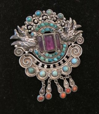 Vtg Huge Rivera Mexican Sterling Silver Turquoise Amethyst Coral Dove Birds Pin